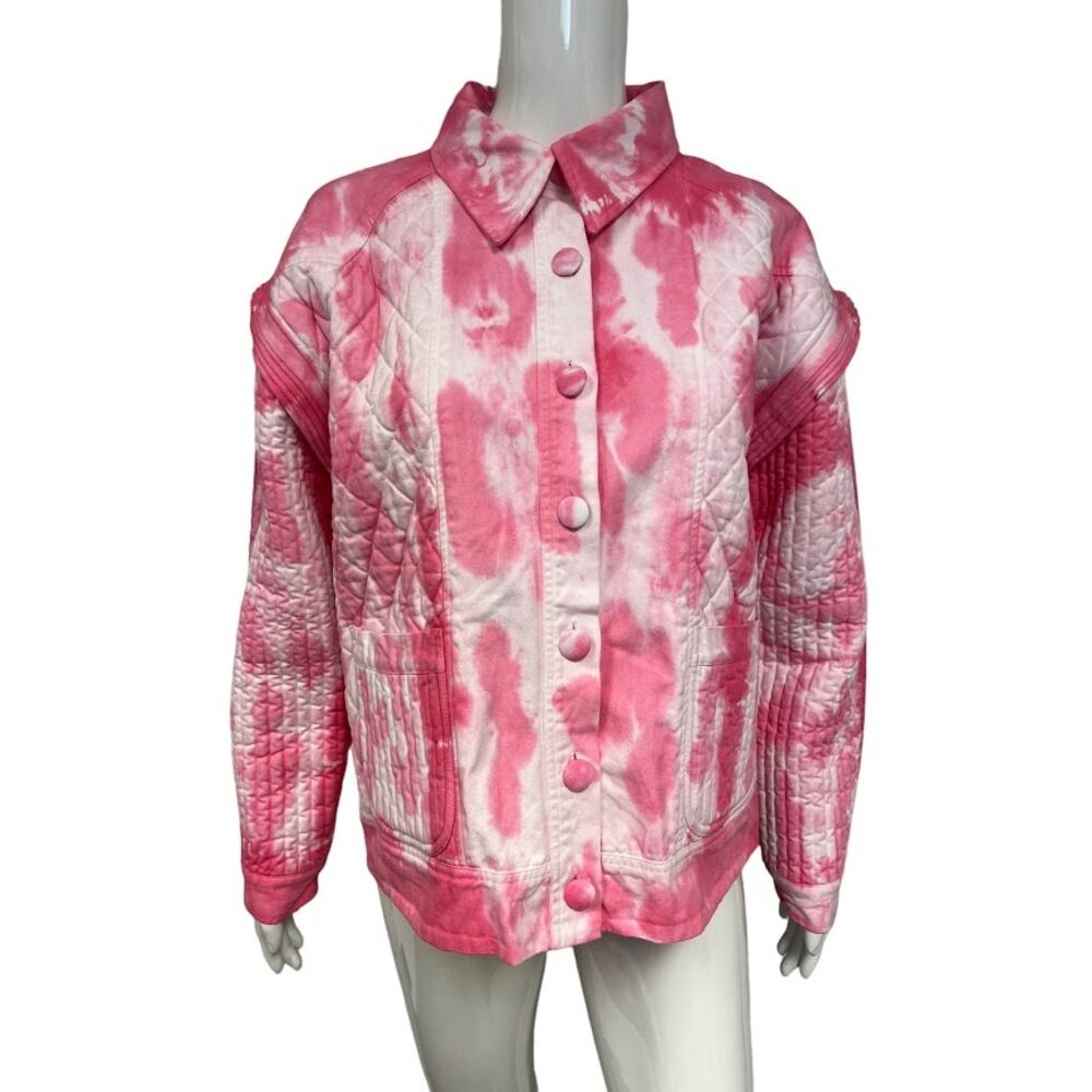 LOVESHACKFANCY Pink White Tie-Dye Cotton Printed Adelade Quilted Collar Jacket S - Picture 1 of 3